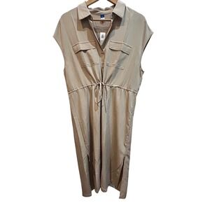 Old Navy Womens Sleeveless Shirt Dress Pockets Drawstring Waist Tan‎ Large